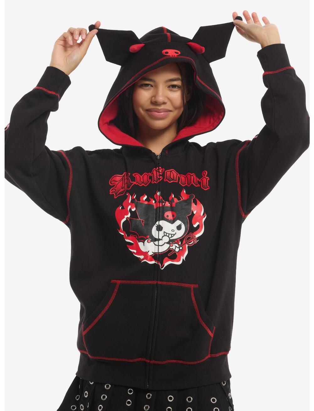 NWT Hot Topic Kuromi Red Flame Figural Ears Girls Hoodie in Black size Large